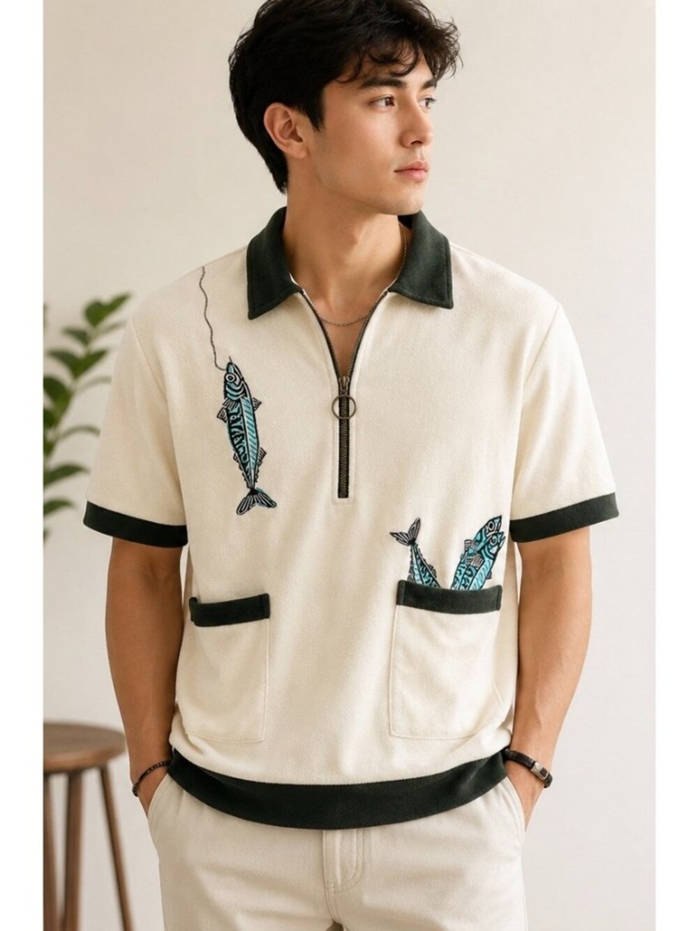 Tombolo Mens Beige The Angler Cabana Shirt With Fish Embroidery & Pockets Size L